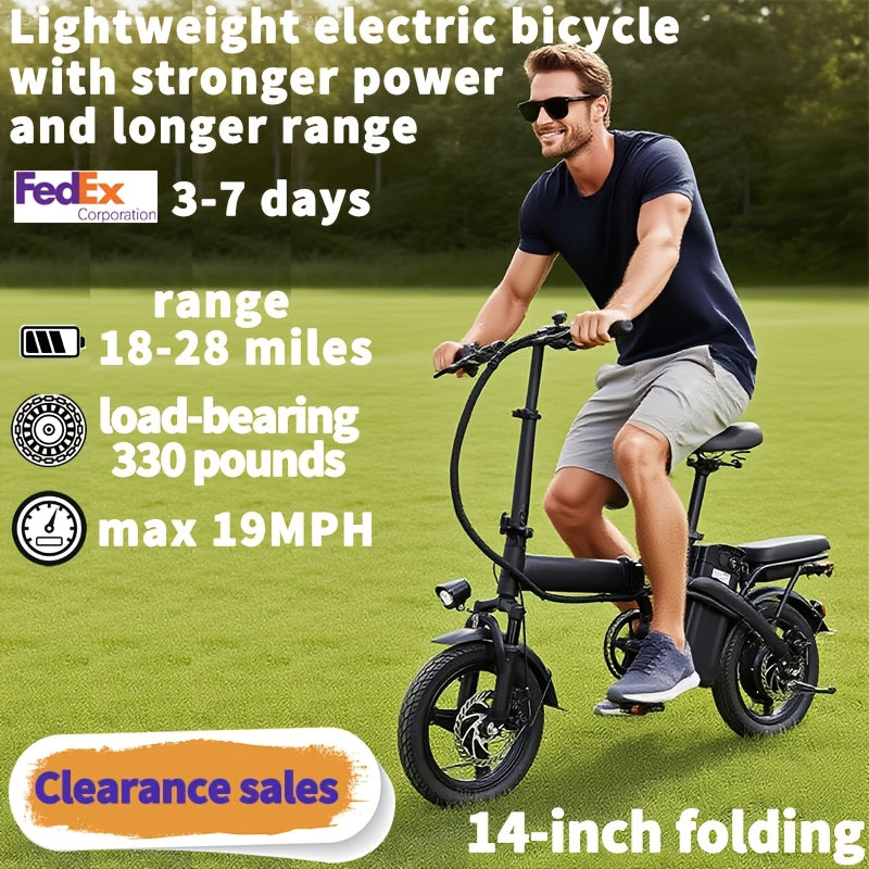 14-inch Lightweight Folding Electric Bicycle, 330 Lbs Load Capacity, 19 Mph Top Speed, Long-Lasting Battery, 48V Removable Lithium Battery with 18-28 Miles of Range, Front Headlight & Disc Brakes, Alloy Steel Frame, Black, for Urban Commuting