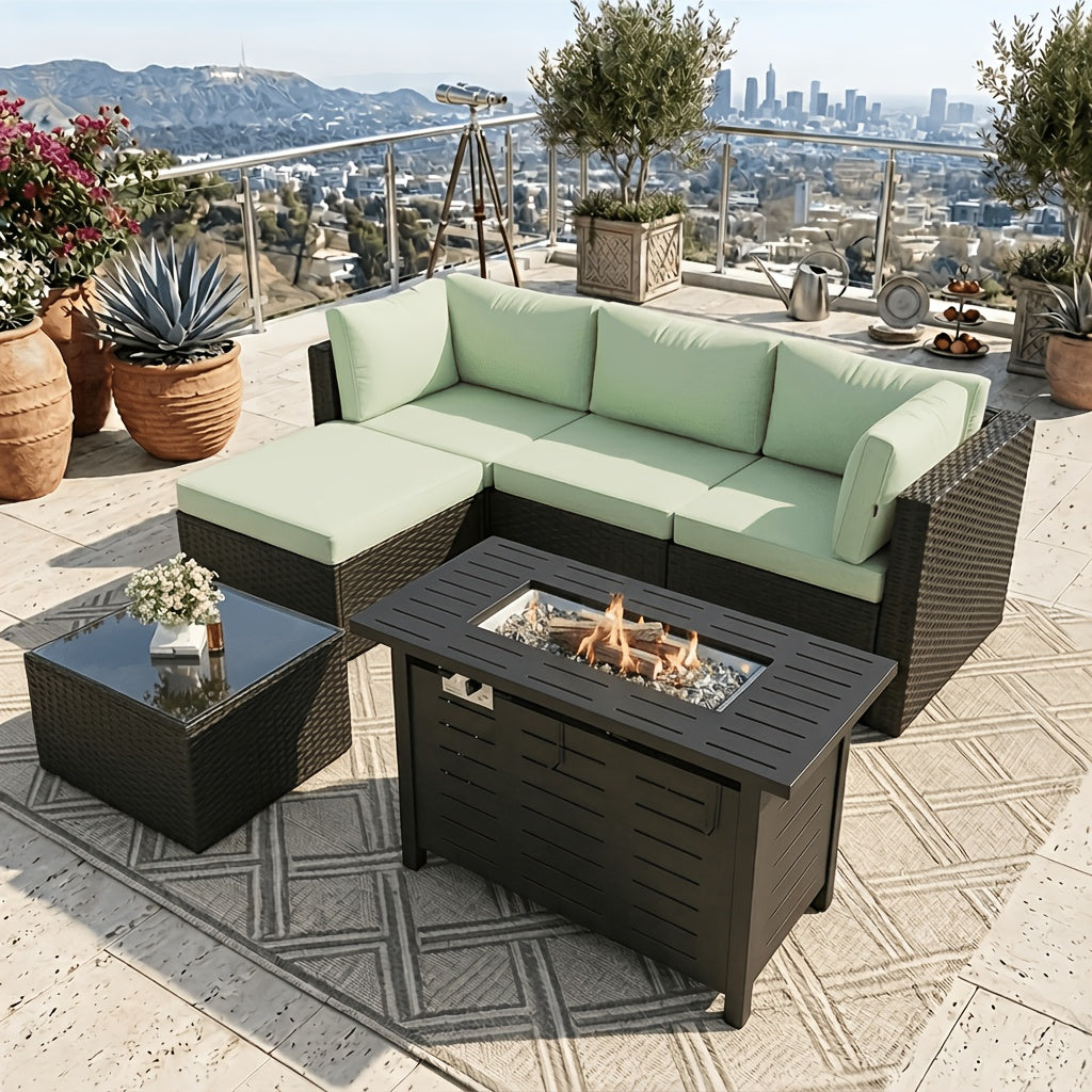Discount! 5/6pcs L-Shaped Rattan Patio Sofa Set with Cushions, Glass Coffee Table & Ottoman, Perfect for Patio, Backyard, Garden, Balcony, Terrace, Poolside, Porch, Villa Outdoor Areas, Homestays, And Restaurant Outdoor Lounges