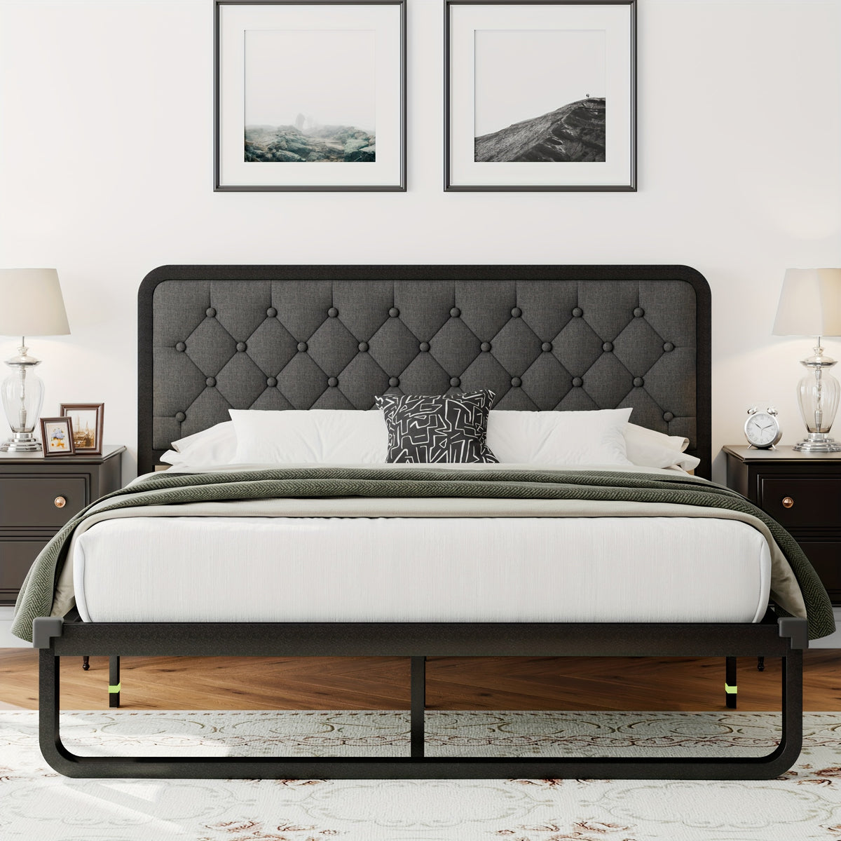 Sturdy Platform Bed Frame Featuring a Button-Tufted Headboard in Black Faux Leather Or Dark Grey Linen, Offering 12 Inches of Storage Space