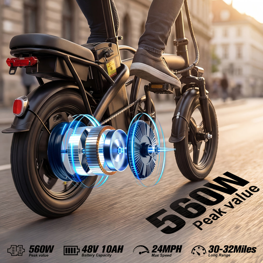 High Performance Adult Electric Bicycle, Portable Design Foldable Electric Bicycle, 500W Motor And 48V 10Ah Battery, 16-24 Mph Speed, Dual Disc Brakes, 14 Inch Electric Bicycle with Pedals, Suitable Gift for Teenagers
