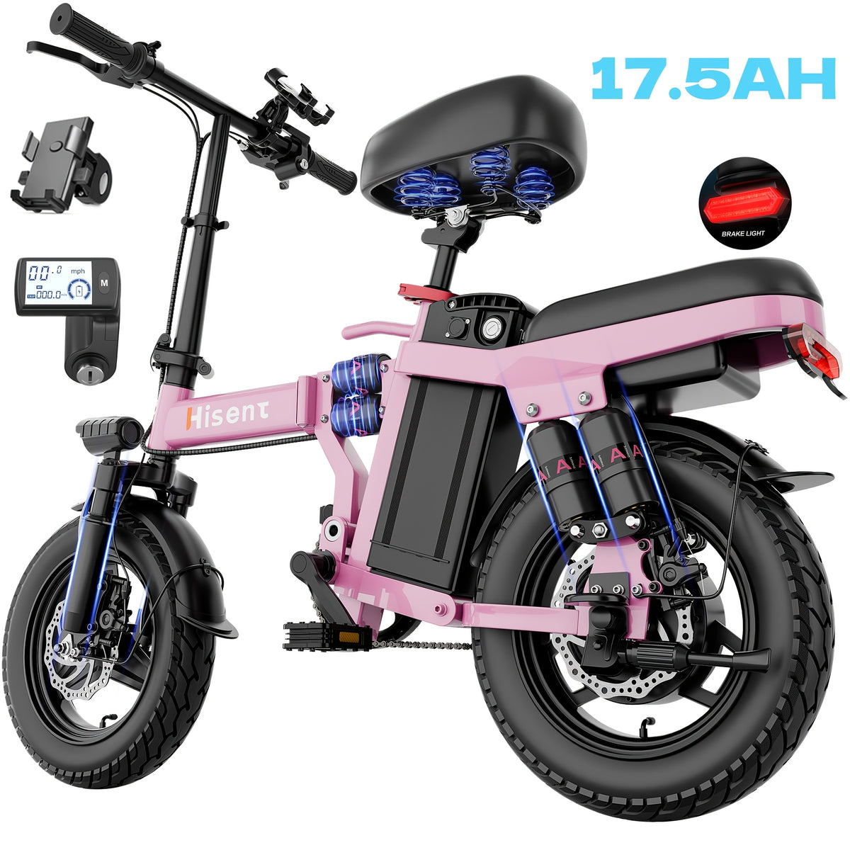 Hisent Folding Electric Scooter, 500W Brushless Motor, Speed 19.9mph, Dual Suspension System, Full Shock Absorption, 48V 10AH-17.5AH Battery(optional), 15-35 Miles Range, 14-inch High-quality Tires, With Double Seats