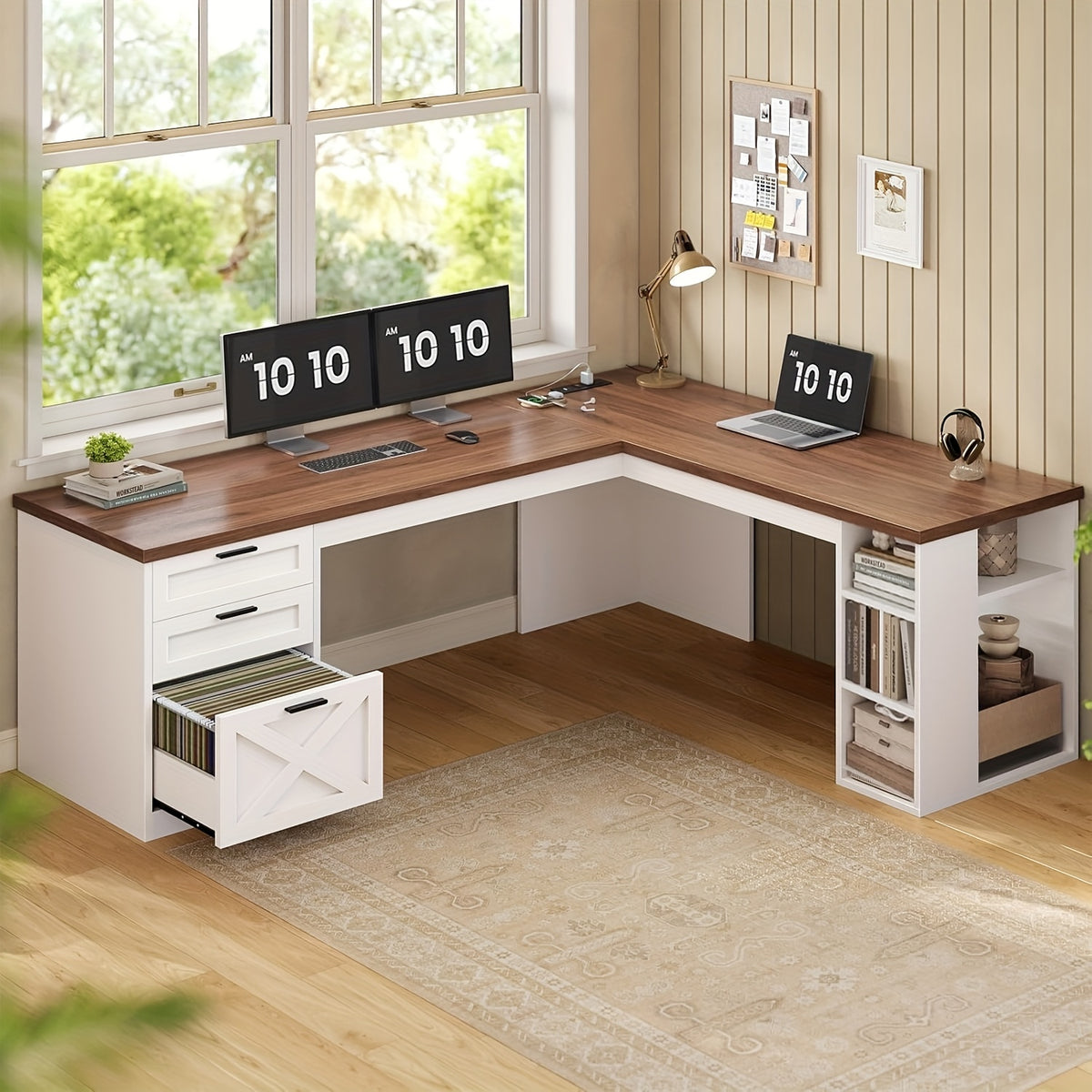 Farmhouse L-Shaped Desk with Storage, Large Computer Desk with Power Outlets, Home Office Desk with Drawers And Open Shelves, Corner Wood Desk, White And Brown Top