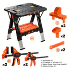 Portable Folding Work Table Pony, 2-in-1 as Sawhorse & Workbench, Load Capacity 1000 lbs-Sawhorse & 500 lbs-Workbench, 31" W×25" D×25"-32"H, with 4pcs Clamps, 4pcs Bench Dogs, 2pcs Safety Straps