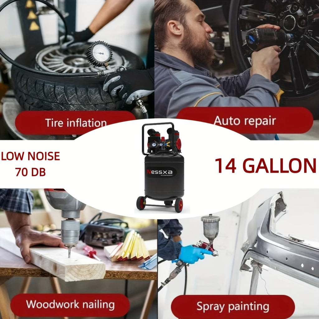 Ideal Choice for Father's Day Gift - 14 Gallon - 110V/60Hz - Pressure Quiet Air Compressor with 2 Quick Couplers 2HP 8.75 CFM, Max 115 PSI Oil-Free Air Compressor Tank, 70dB Quiet Compressor for Auto Repair, Tire Inflation