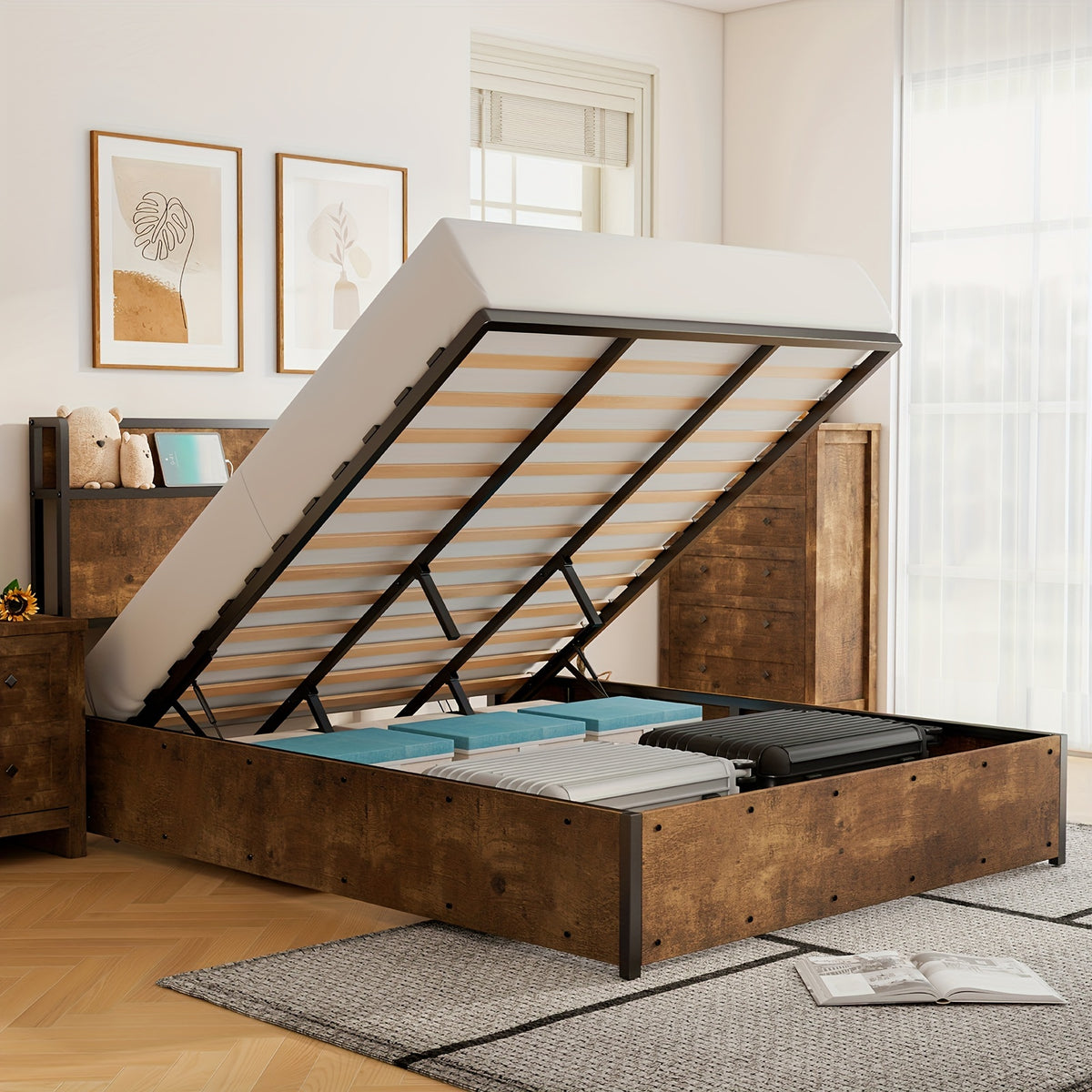 Full Queen King Size Lift Up Storage Bed, Wood Platform Bed Frame with Storage Headboard & Charging Station, No Box Spring Needed, Easy Assembly