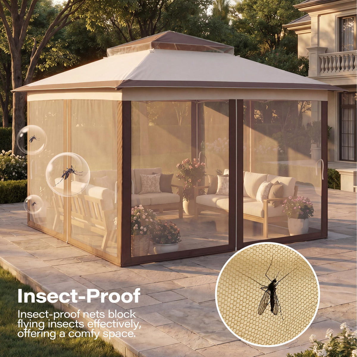 KAMEROUT Canopy Gazebo with Full Mesh Sidewalls, One-Touch Instant Setup Height Adjustable Outdoor Shelter Tent for Patio Backyard Party BBQ