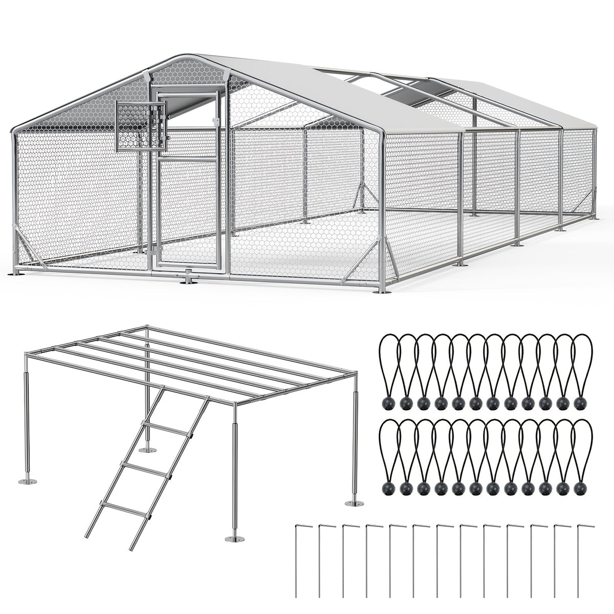 Large Metal Chicken Coop & Enclosure Kit, Featuring Climbing Perches, Wire Mesh Siding, And A Waterproof, UV-Resistant Canopy, Advanced Series Outdoor Walk-in Run, Suitable For Chickens, Ducks, Rabbits, And Dogs