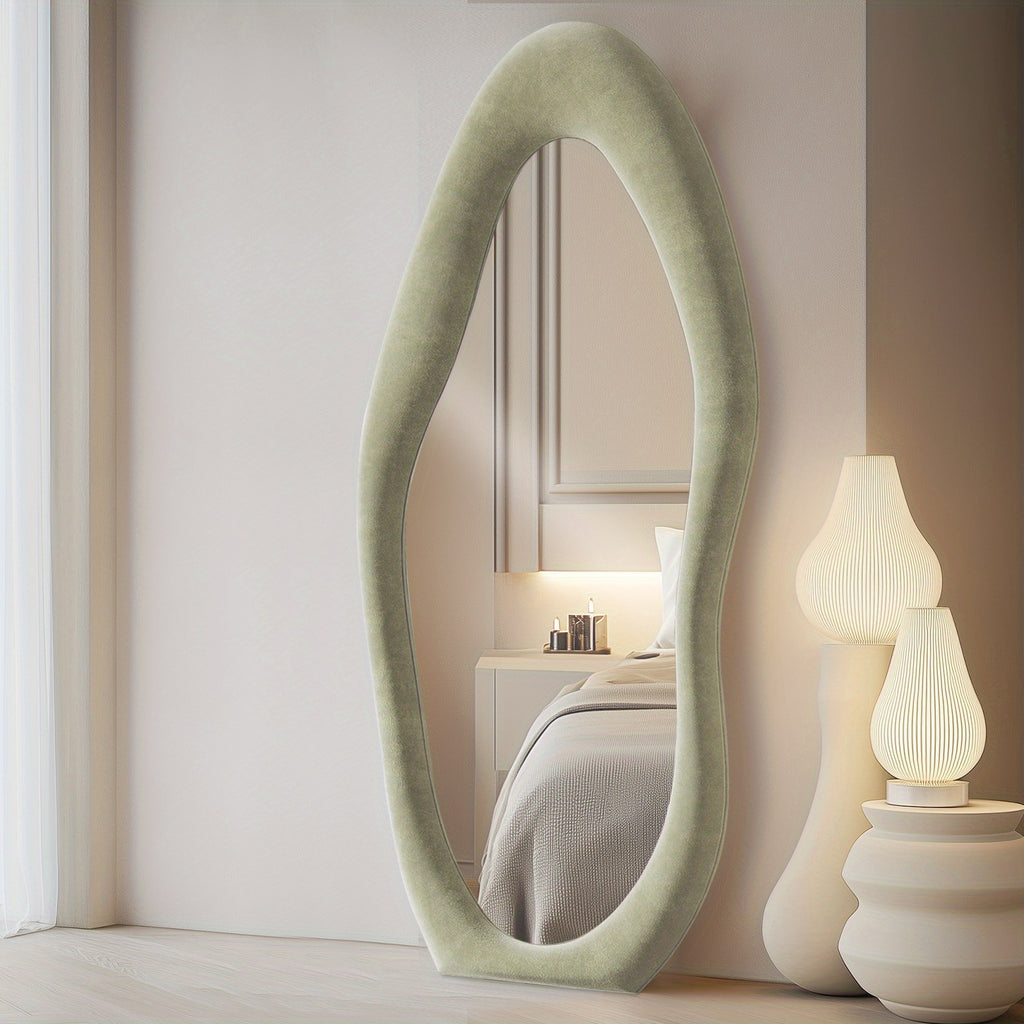 63 X 24 Inches Full Length Mirror Irregular Full Body Wall Mounted Floor Mirror with Stand Ivory Flannel Frame Leaning Hanging Wall Mirror for Bedroom Entrance