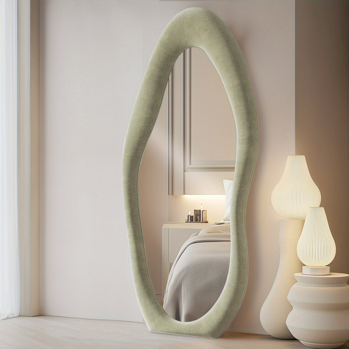 63 X 24 Inches Full Length Mirror Irregular Full Body Wall Mounted Floor Mirror with Stand Ivory Flannel Frame Leaning Hanging Wall Mirror for Bedroom Entrance