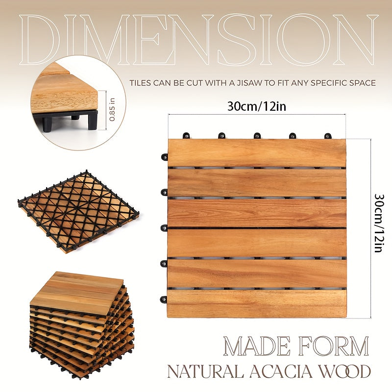 Deck Tiles for Outdoor Patios and Balconies, 54-Piece Acacia Wood Flooring Set for Easy Surface Updates
