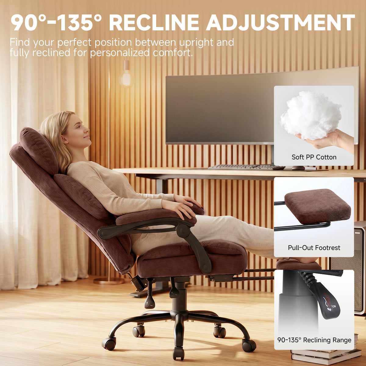 Ergonomic High Back Office Chair with Linkage Widened Armrest, Big&Tall Executive Office Chair, Gaming Chair, Thick Pocket Spring Wide Seated Cushion, Desk Chair with Retractable Footrest for Adults, Faux Leather/Corduroy/Fabric, OC-305