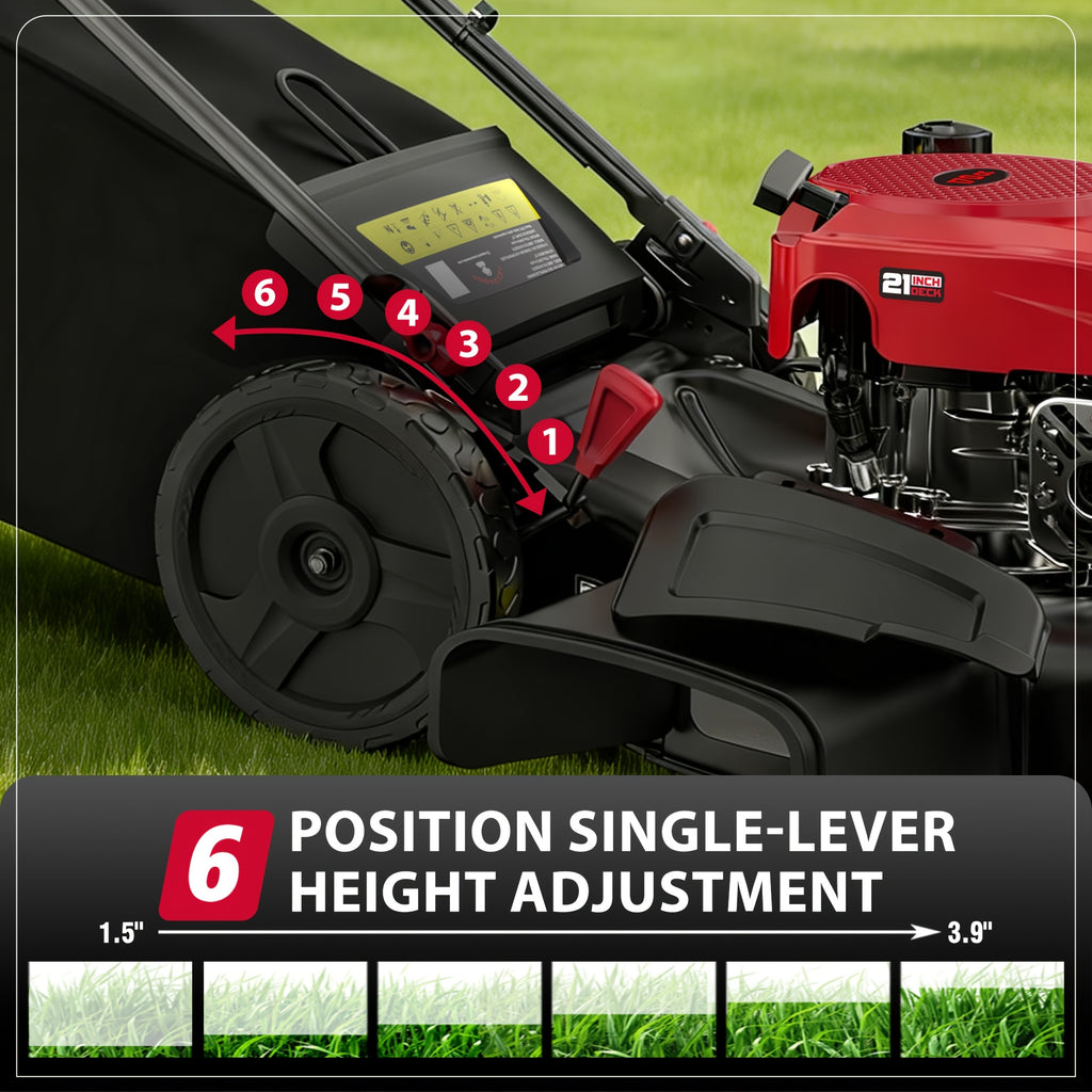 Self Propelled Gas Lawn Mower 21In. 170Cc, Gas Engine 3-In-1 Mulch, Bag, Side Discharge, 6-Position Height Adjustment, Lawn Mower, Self Propelled Lawn Mower, Lawn Care Equipment, Yard Maintenance, Adjustable Height Mower, Versatile Discharge