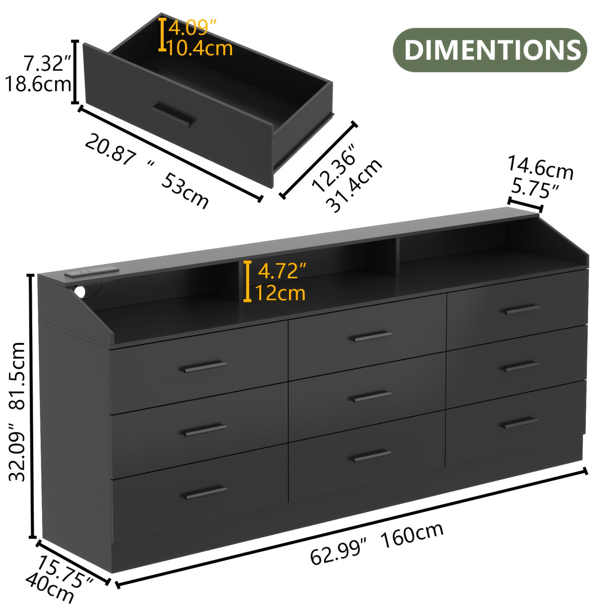 Dresser for Bedroom, Closet Organizers And Storage, Chest Of Drawers for Bedroom, 9 Drawer Double Dresser, Storage with Power Outlet & LED Lights, Storage And Organization for Closet, Furniture for Home, Living Room Furniture, Storage Drawer Units