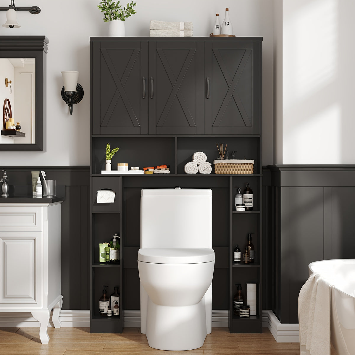 Over-The-Toilet Storage Cabinet with 3 Barn Doors - Farmhouse -Standing Bathroom Organizer, Space-Saving Suitable for Bathroom, Restroom, Laundry Room, Shelves, Toilet Paper Holder & Towel Rack, Assembly Required ( Color:)