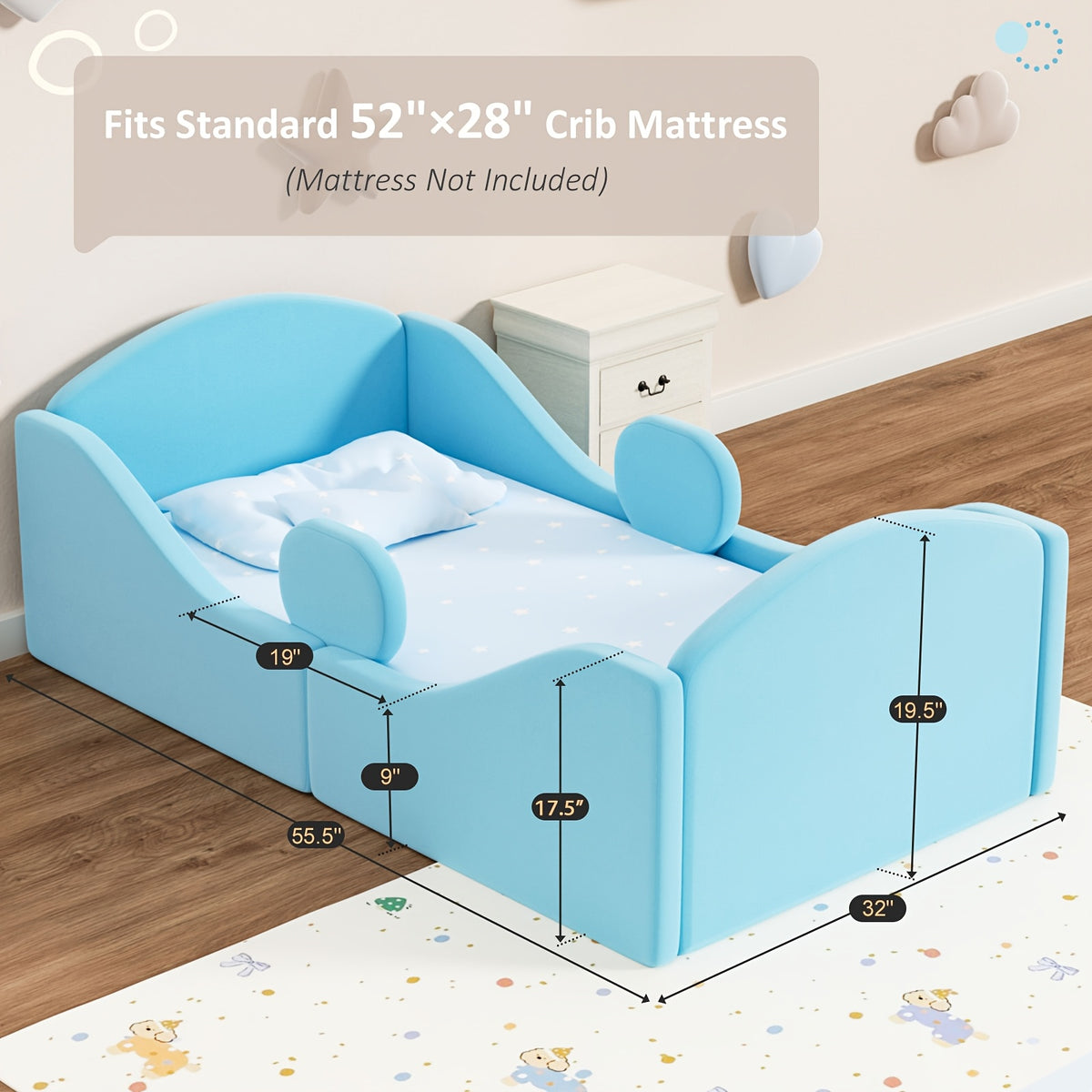 Bed Designed for Toddlers, Featuring Removable Safety Rails And a Soft Upholstered End in Pink, Blue, Or Gray. Note: Mattress Is Not Included