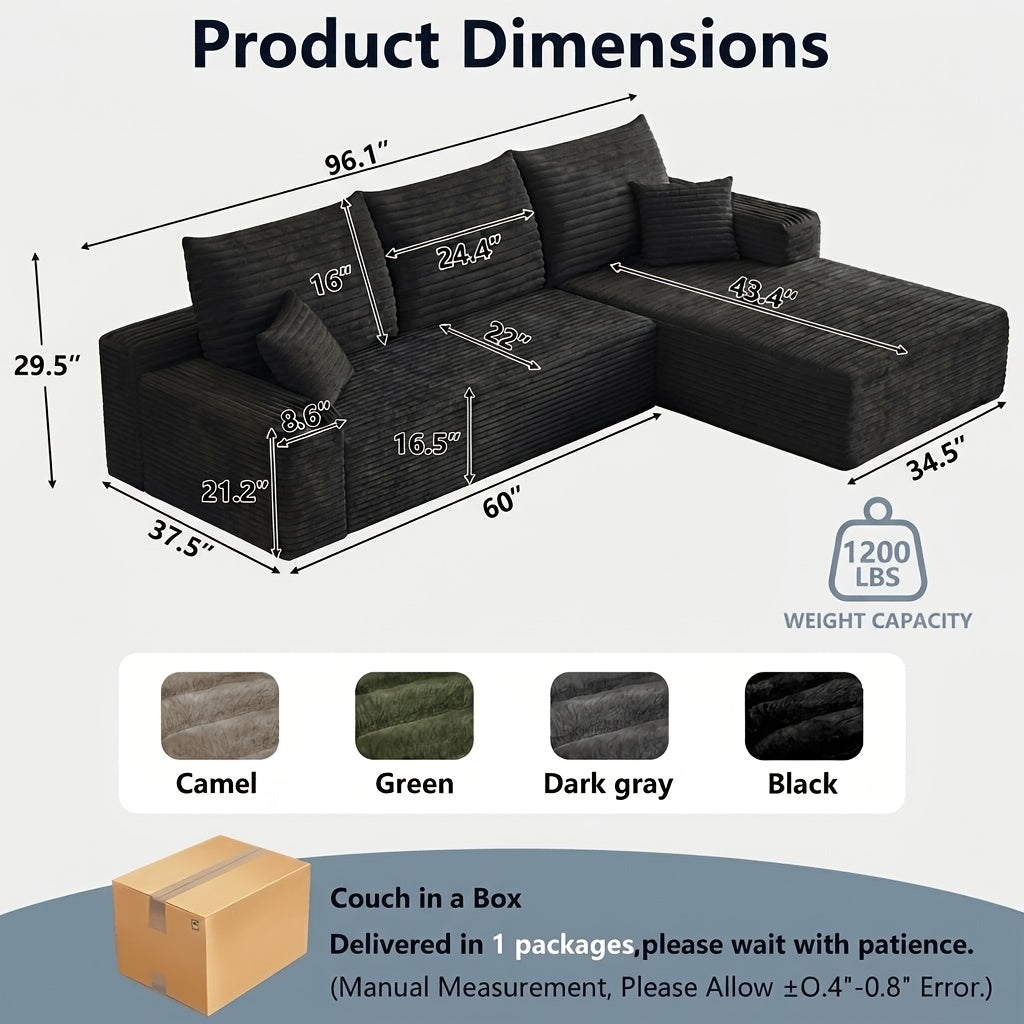 96.1-inch Modern Modular L-shaped Combination Sofa, 3-seater Corduroy Fabric with Deep Seat Oversized Left Facing Lounge Chair, Invertebrate 3-seater Sofa, No Assembly Required, Cat Paw Resistant - Suitable for Living Rooms And Apartments