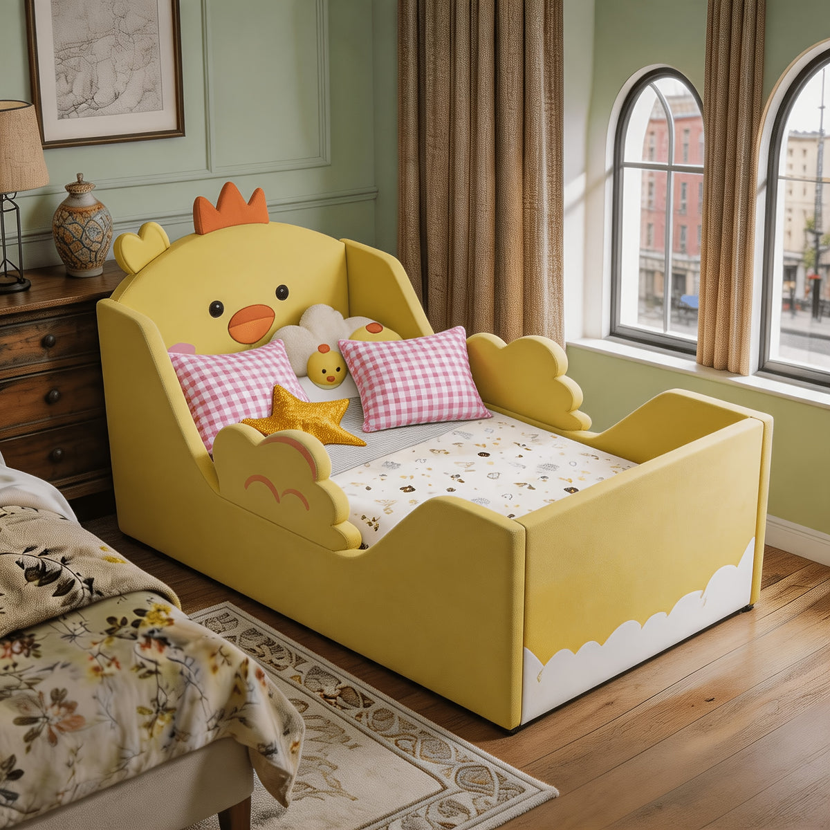 Toddler Floor Bed with Removable Safety Rails And Storage Bag, Kids Bed for Girls And Boys, Standard Crib Size, Safety Upholstered Beds, Low to Floor Design