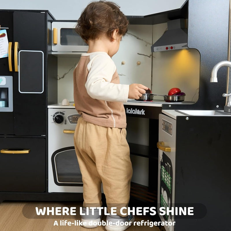 SYNCFUN Wooden Corner Kitchen for Playset with Fake Food Toys, Real Lights And Sounds, Double-Door Fridge, Ice Maker And Cookware Additions, Play Kitchen Set for Kids, Multi-Item Party Favor Packs for Children
