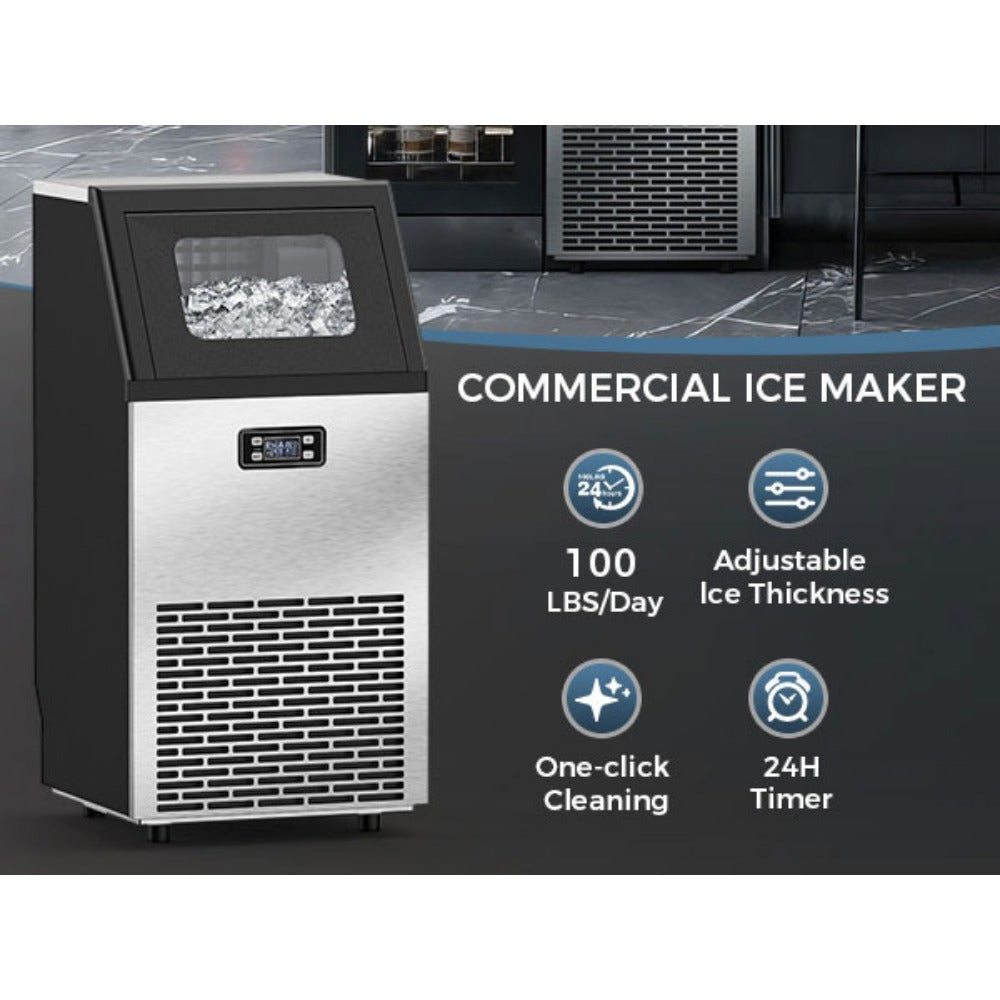 Commercial Ice Machine, 100Lbs/ Day Under-Counter Commercial Ice Maker with 24 Hour Timer, Ice Thickness Control, One Quick Self-Cleaning Function for Bar/ Cafes/ Home, Stainless Steel