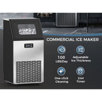 Commercial Ice Machine, 100Lbs/ Day Under-Counter Commercial Ice Maker with 24 Hour Timer, Ice Thickness Control, One Quick Self-Cleaning Function for Bar/ Cafes/ Home, Stainless Steel