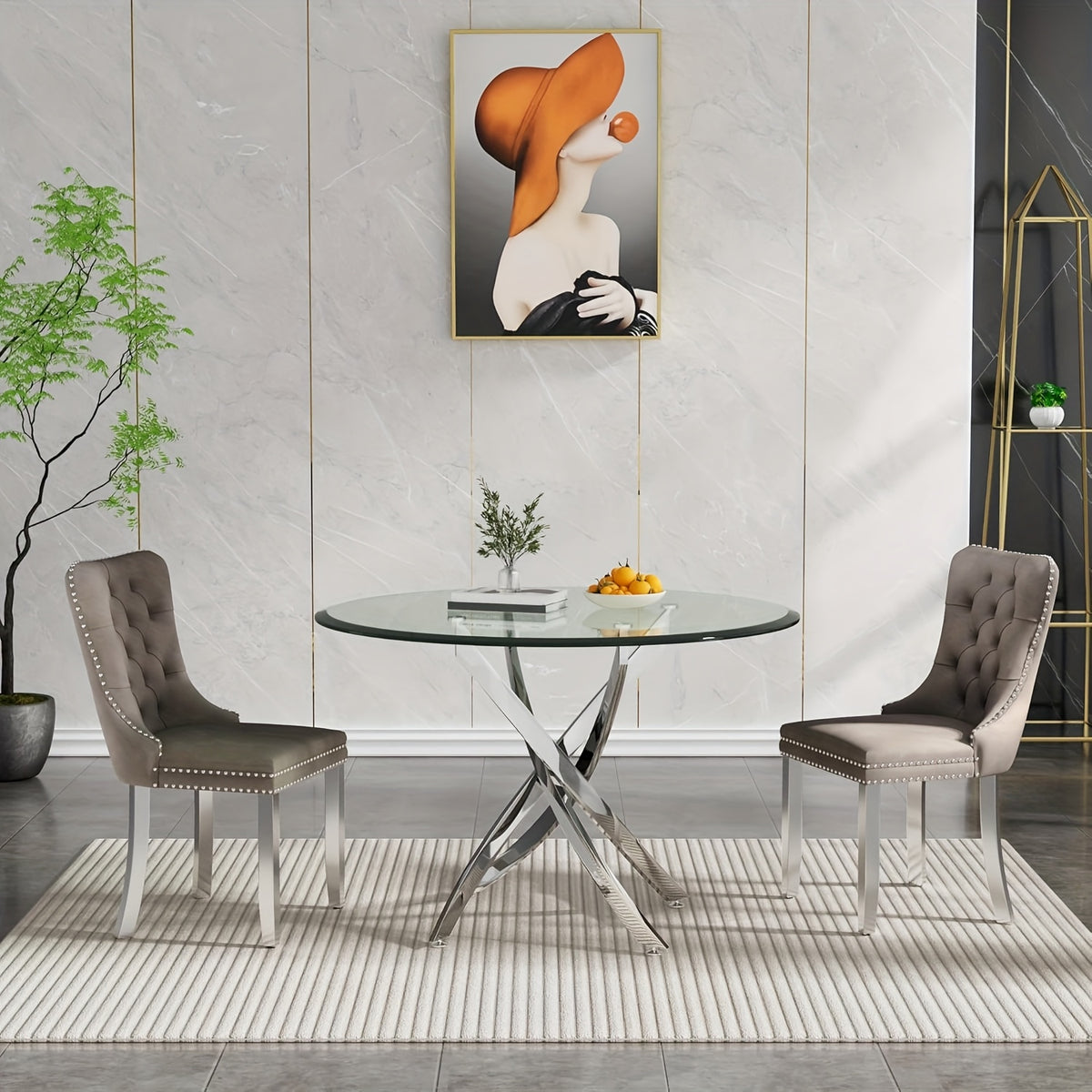 5/3/1pc Round Dining Table Set, Modern Tempered Glass Dining Table With Velvet Dining Chairs, 36" Kitchen Table With Stainless Steel Base For Living Room, Dining Room, Kitchen, Office, Lounge