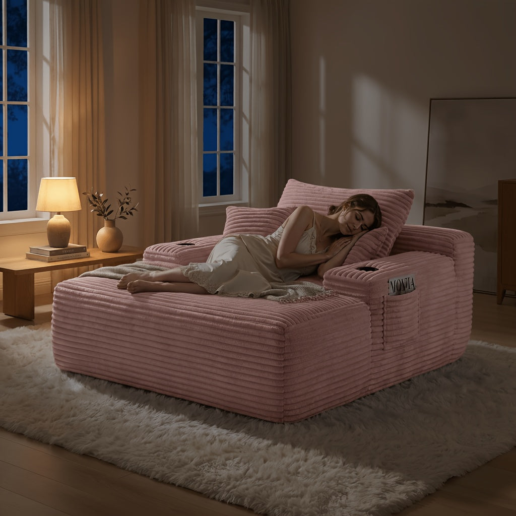 Extra-Large Boneless Sofa Chaise Lounge, with Cup Holder And Side Pockets, Living Room Sofa Chair Bed, Compressible High-Rebound Foldable Recliner, Supportive Pocket Spring System And High-Density Foam Padding, Non-Sinking Convertible Lounge Bed