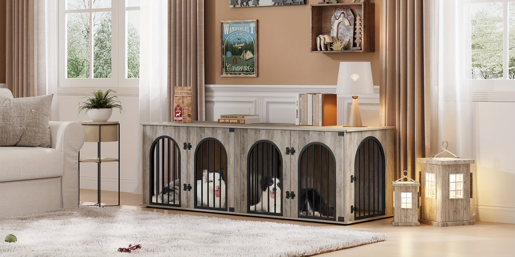 71" Heavy Duty Dog Kennels | Wooden Dog Crate Furniture for 2 Dogs, Small/Medium/Large, with Divider, Pads, Side Table, TV Cabinet, Anti-Chew, Anti-Escape, Black Golden/Greige/White/White Brown - HZUANERI