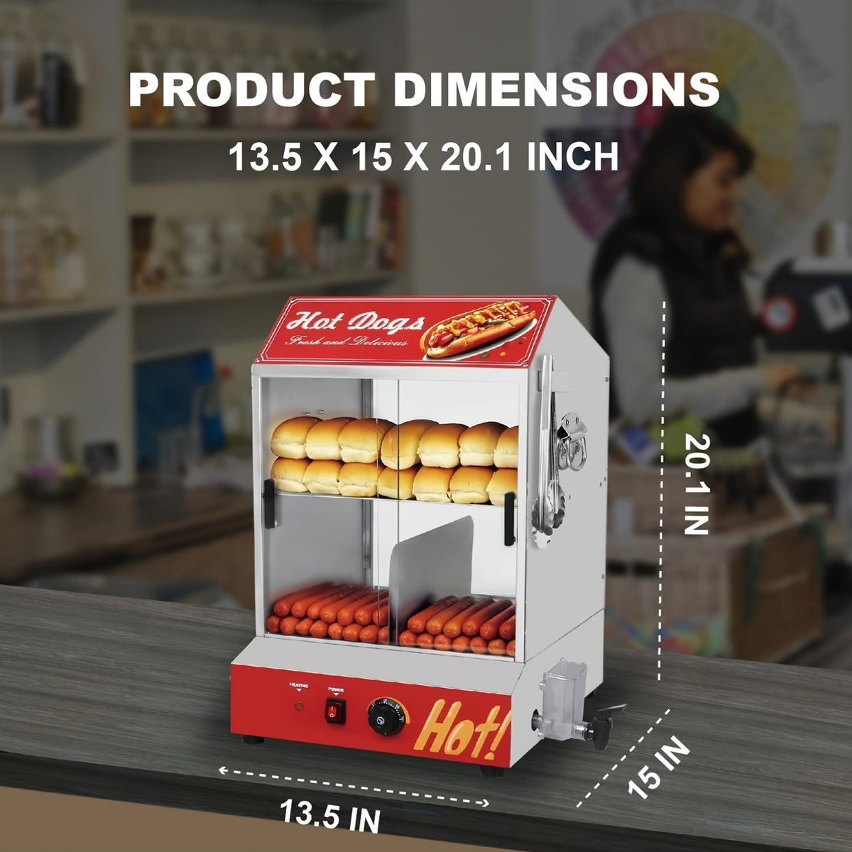 2-Tier Electric Hot Dog Steamer with Bun Warmer - 31.7QT/28.5QT Capacity, Adjustable Temperature, Visible Glass Sliding Door, Holds 175 Hot Dogs And 40 Buns