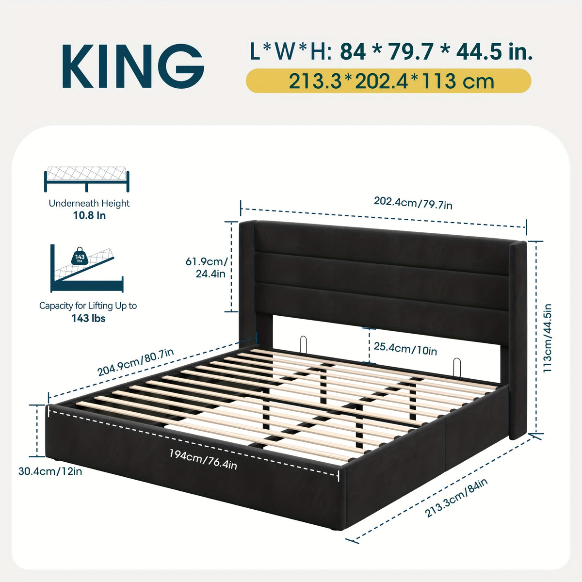 WEEWAY Lift Up Storage Bed, Modern Wingback Upholstered Headboard, Hydraulic Platform Bed, Wooden Slats Support, Heavy Duty Mattress Foundation, No Box Spring Needed, Easy Assembly, Full/Queen/King Size, for House Bedroom Furniture, Free Shipping