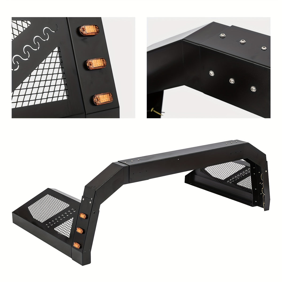 Truck Roll Bar Chase Rack Universal Compatible With Pickup, 6 Amber Auxiliary Side Marker Lamps, Adjustable Sport Roll Bar No Drilling Fine Textured Black