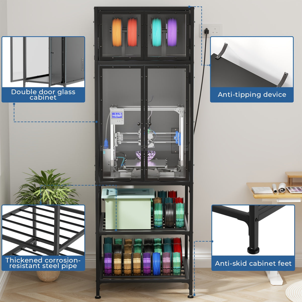 3D Printer Cabinet/Double Layer 3D Printer Filament Storage Rack/T-Shaped Filament Bar & Noise-Reducing/Dust-Proof Design/Suitable for Studio/Office Storage And Organization