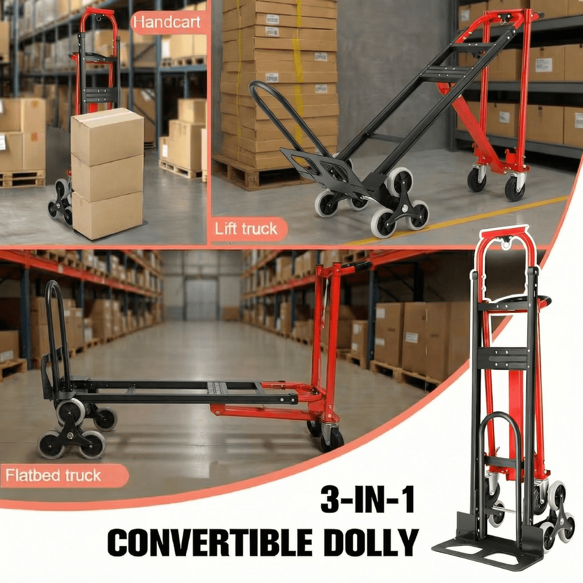 Heavy Duty 4-in-1 Convertible Hand Truck Dolly - 1000 LBS Capacity Industrial Stair Climbing Platform Cart, Foldable Utility Trolley for Moving & Transport