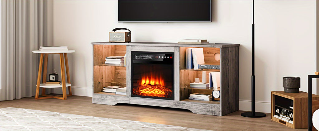 Fireplace TV Stand for TVs Up to 65 Inches Console with 18'' Electric Fireplace & Remote, Adjustable Glass Shelves & Storage Cabinets, Electric Fireplace with Heater, Hardwood/Engineered Wood Construction, Modern Entertainment Center for Living Room