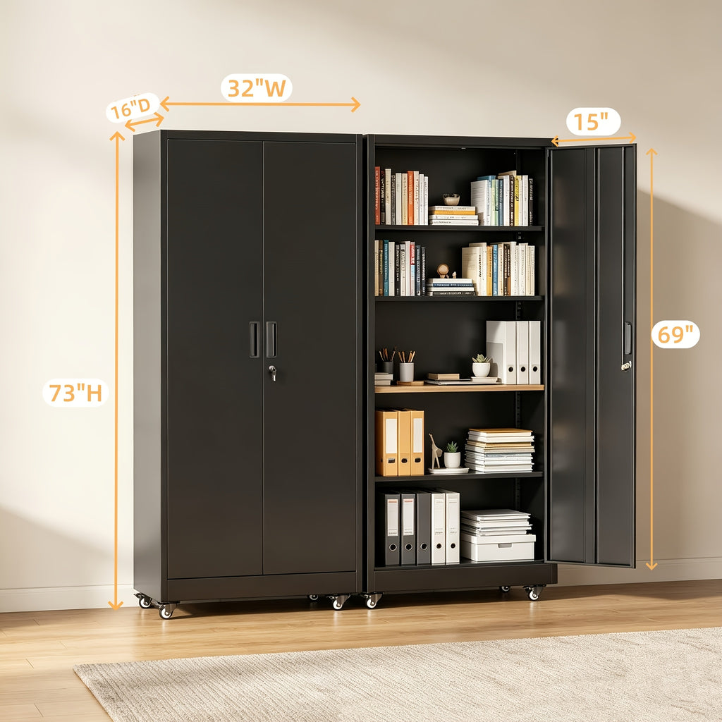 Metal Storage Cabinet with Wheels, Pegboards, Locking Doors And 4 Adjustable Shelves, 71"H/72"H/73"H Tool Cabinet for Garage, Home, Basement, Kitchen