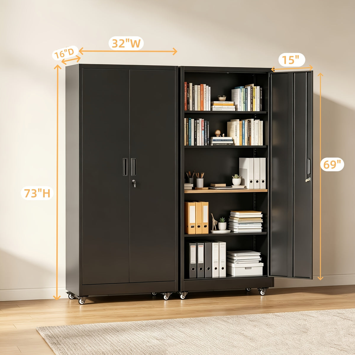 Metal Storage Cabinet with Wheels, Pegboards, Locking Doors And 4 Adjustable Shelves, 71"H/72"H/73"H Tool Cabinet for Garage, Home, Basement, Kitchen