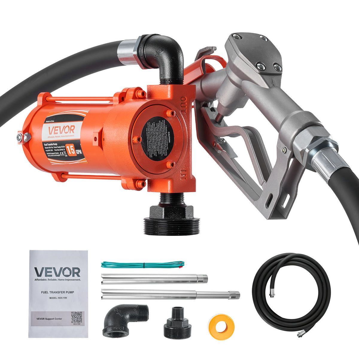 VEVOR Fuel Transfer Pump, 12V DC 15 GPM, Cast Iron Diesel Transfer Pump Kit, with Manual Nozzle, Discharge Hose, Overheat Protection, Power Cable, for Gasoline Diesel Kerosene & More