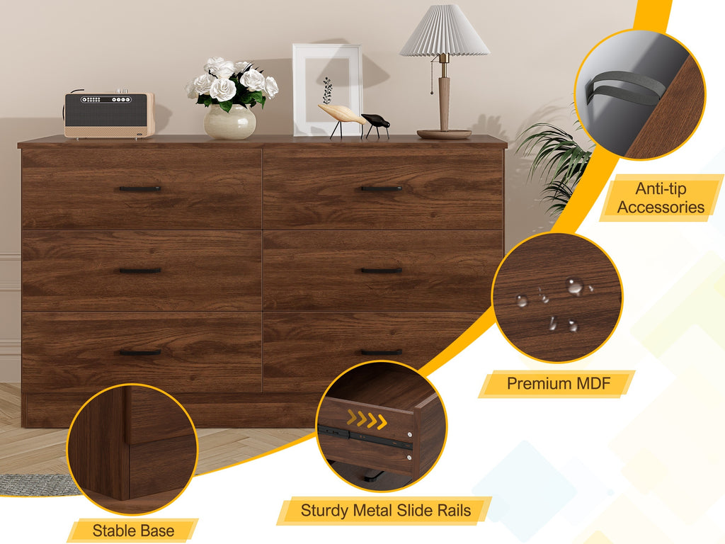 Kuajuz Brown Bedroom Dresser for Bedroom, 6 Drawers Dresser, Large Chest of Drawers Storage Organizer, Long Dresser TV Stand