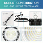 10pcs 200W UFO LED High Bay Light, Cold White 6000K, LED Commercial Lighting Fixtures, 90-277V, for Warehouse Garage Workshop Mall Factory Industrial Barn Gym, Dustproof And, with 4Ft US Plug