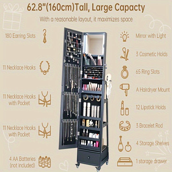 Mirror with Storage Jewelry Cabinet Standing Lockable Jewelry Organizer with Full-Length Mirror Storage Shelves Interior LED Mirror Jewelry Armoire with Wheels Hair Dryer Holder Christmas Gift, Jewelry Armoires