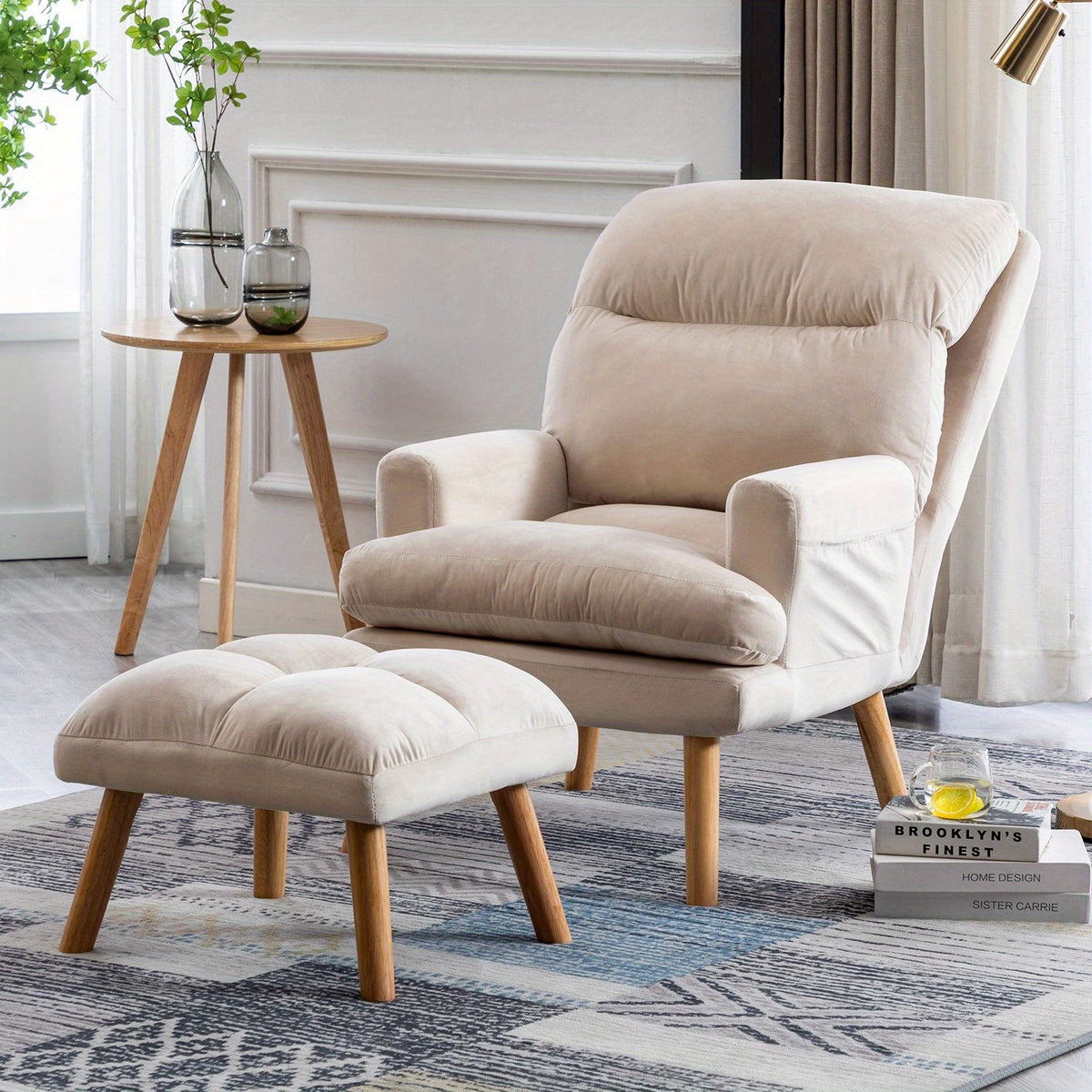 Home Furniture, Modern Style Single Sofa Chair with Ottoman, Adjustable Backrest And Side Pockets, Suitable for Living Room And Bedroom