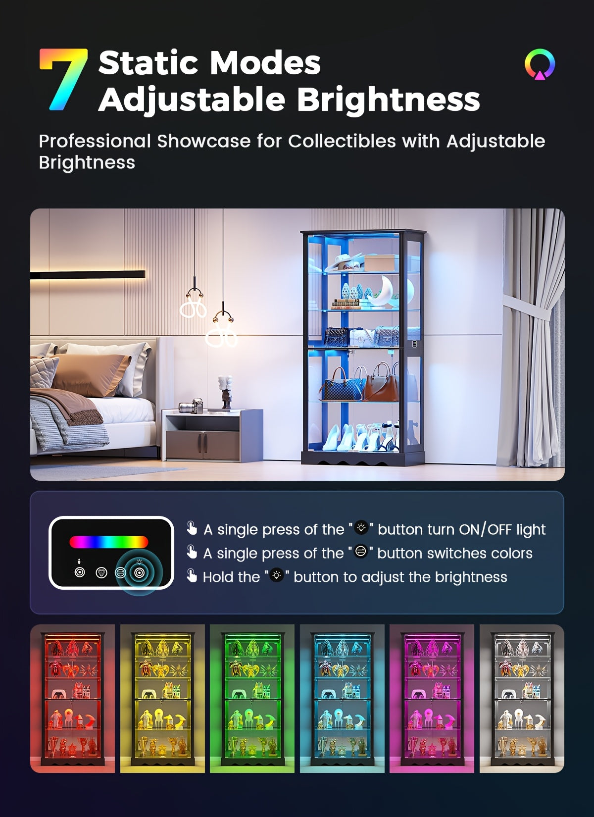 Display Cabinet with Glass Doors, 71'' Tall Curio Cabinet with RGB Lights for Collectibles, LED Display Case with Removable Shelf for Book/Medal/Figure, Black And White