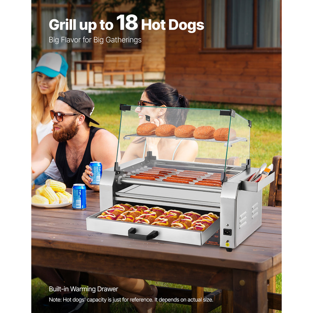 VEVOR Hot Dog Roller 5 Rollers 12 Hot Dogs /7 Rollers 18 Hot Dogs Capacity, Stainless Sausage Grill Cooker Machine with Dual Temp Control Glass Hood Acrylic Cover Bun Warmer Shelf Removable Oil Drip Tray
