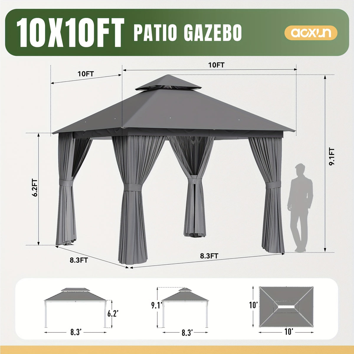10'X12' Outdoor Double Ventilated Gazebo & Pergola On, Heavy Metal Frame Double Roof, Party Tent with Mosquito Net And Privacy Screen, Suitable for Backyard, Lawn, Garden, Deck (Grey/Beige/Blue 10'X12'/10'X10/8'X8')