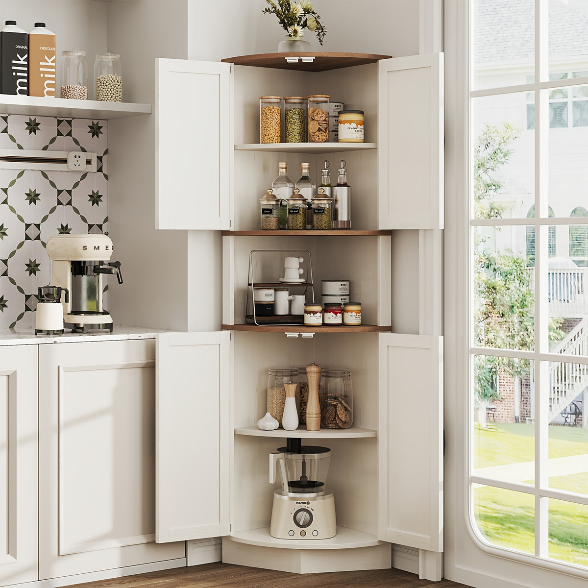 Farmhouse Corner Cabinet with Vintage Barn Door, 4 Doors & 5 Adjustable Shelves, Multifunctional Storage Organizer for Kitchen Corner, Dining Room, Laundry Room, Pantry | Freestanding Space Saver Cupboard White/Grey/Blue/Green