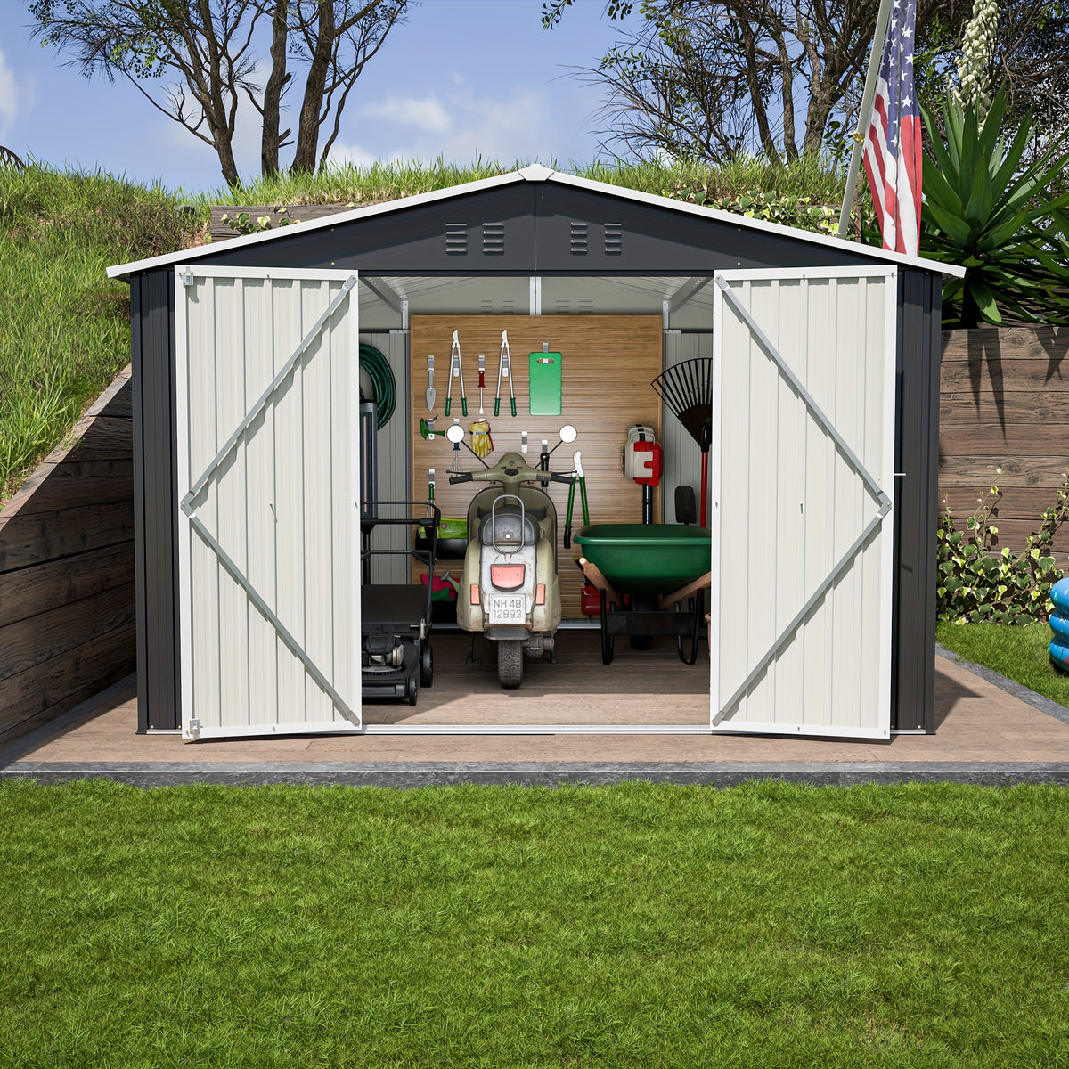 10X10 FT Outdoor Storage Shed, Metal Utility Tool Storage Featuring Lockable Doors And Enhanced Frame Design, Spacious Metal Garden Shed for Backyard And Patio Lawn, Black