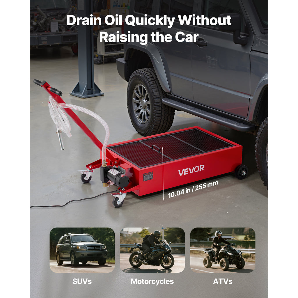 VEVOR Low Profile Oil Drain Pan, 17 Gallon / 20 Gallon Capacity, Rolling Oil Drain Pan with Electric Pump, 7.2 ft Hose & T Folding Handle, Leak-proof & Corrosion-resistant, Fit for Cars, SUVs, Trucks, ATVs, White