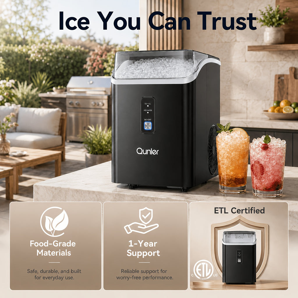 Countertop Nugget Ice Maker, Qunler 33 Lbs/Day Self-Cleaning Soft Chewable Pellet Ice Machine with Ice Scoop And Ice Basket for Iced Coffee, Soda, Tea, Cold Drinks, Kitchen, Office, RV, Camping, Black