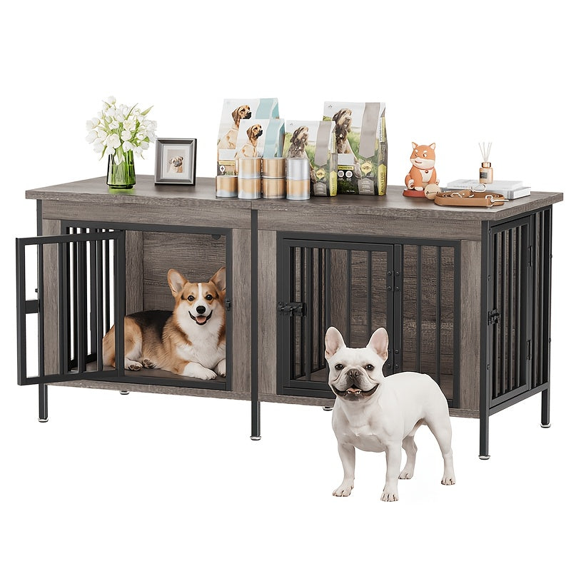 Indoor Pet Cage Furniture for Two Large Dogs, 63-Inch Double Crate with Storage Top and TV Stand Side Table