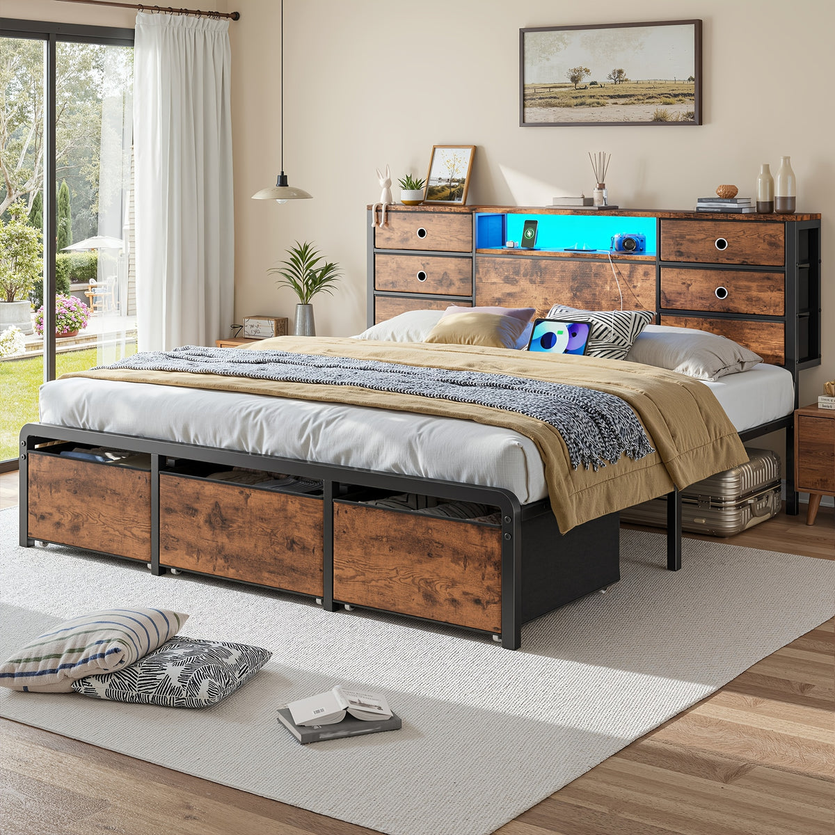 Reinforced Metal Storage Bed Frame King/Queen/Full, 8/9 Drawers & Headboard Storage, Multi-Color LED & Charging Station, Strong Load-Bearing, Noiseless, Easy Assembly, Black/Tiger Brown