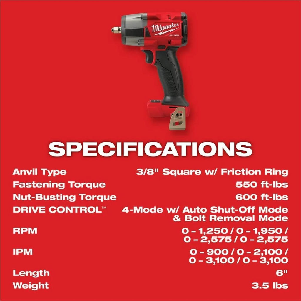 Milwaukee M18 FUEL 2960-20 Mid-Torque Impact Wrench, Tool Only, 18 VDC, 3/8 in Drive, Square Drive